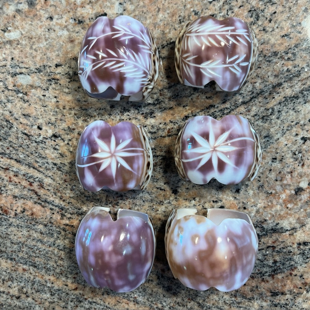 Carved Cowrie Shell set of 6, Napkin Holder Rings Purple Floral Sea Shells